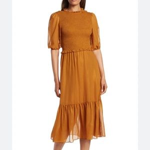 NWT Nanette Lepore Gold Puff Sleeve Smocked Top Long Dress